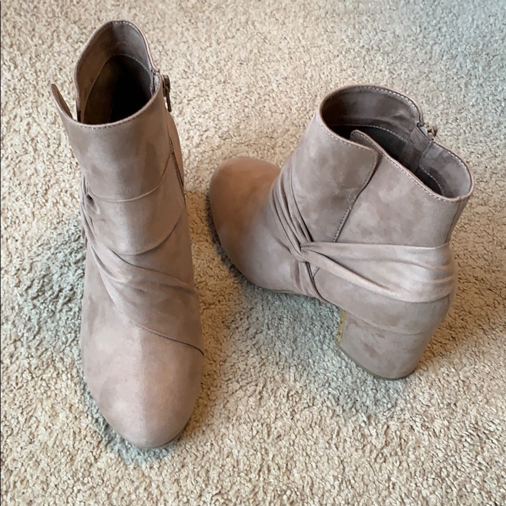 Taupe booties with gold metallic heel detail
